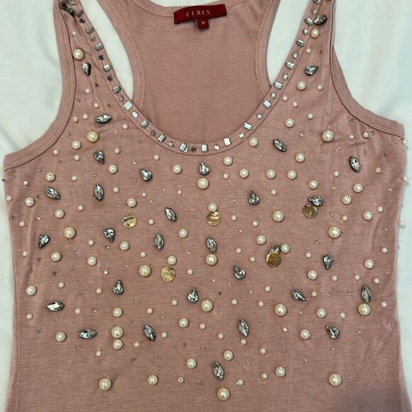 Ceres size M pink beaded rhinestone & shell embellished tank top EUC - Picture 5 of 8